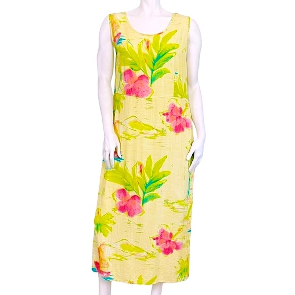 VINTAGE 90s Y2K Bright Yellow Pink Floral Rayon Midi Tank Dress